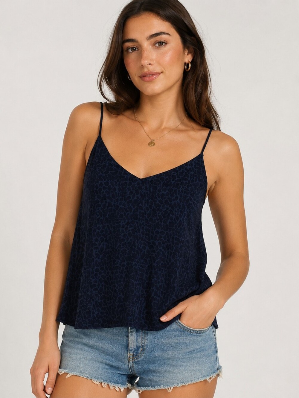 NWT H&M Dark Blue Leopard Print V Neck Silky Camisole Size 2